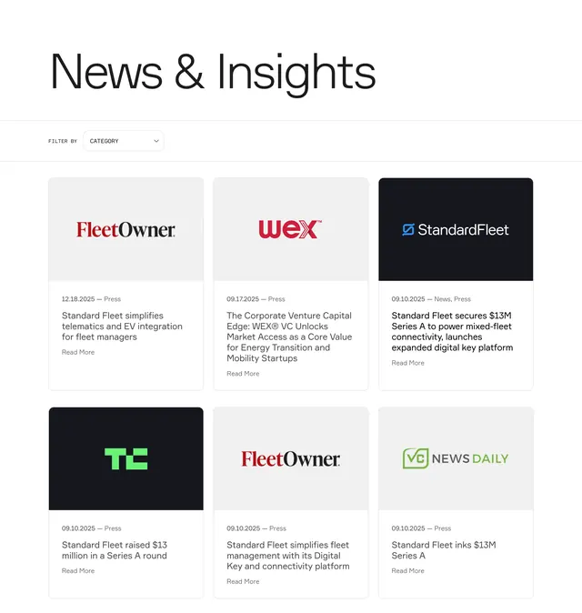 Standard Fleet news and insights grid, minimal, corporate-clean, light