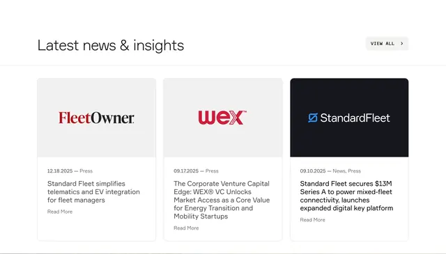 Standard Fleet latest news three-card row, minimal, corporate-clean, light
