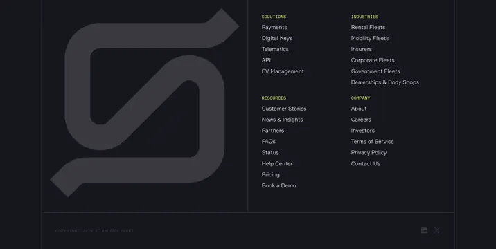 Standard Fleet dark multi-column footer, dark-mode, minimal, dark