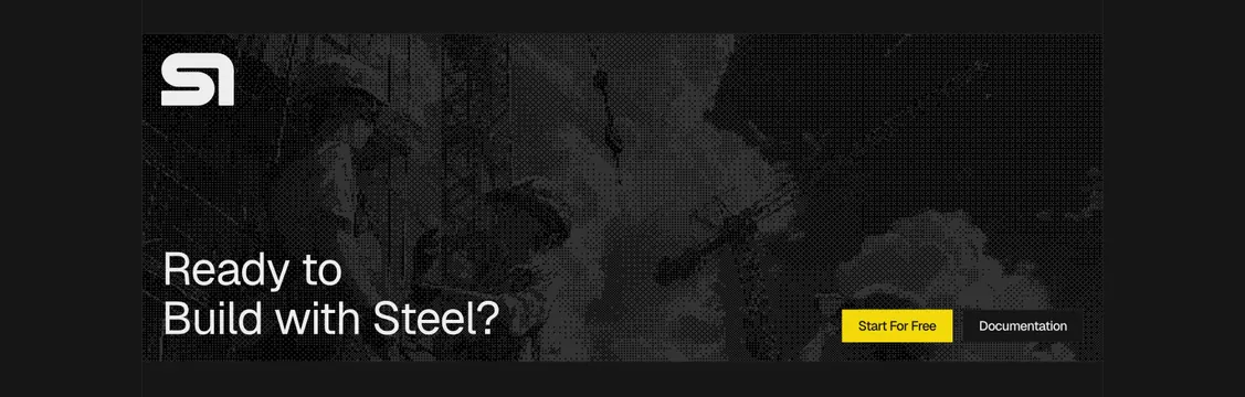 Steel contained CTA band with halftone industrial image, dark-mode, boxed, dark