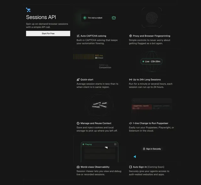 Steel Dev Features Section, dark-mode, technical, dark