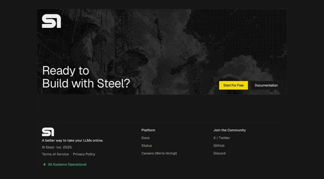 Steel contained footer with halftone CTA band and link columns, dark-mode, boxed, dark