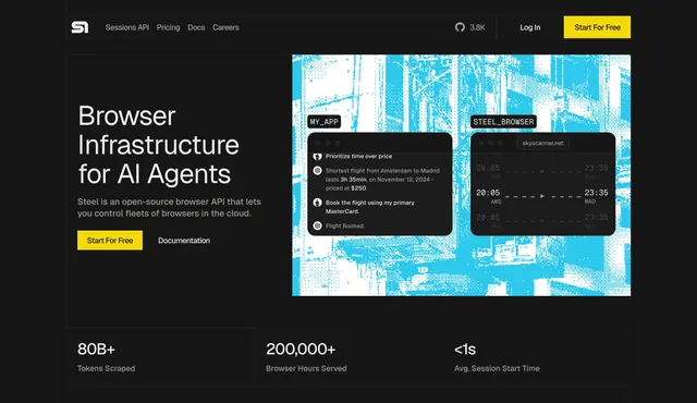 Steel browser infrastructure hero, dark-mode, minimal, dark