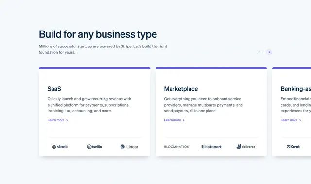 Stripe business-type carousel cards, minimal, corporate-clean, light