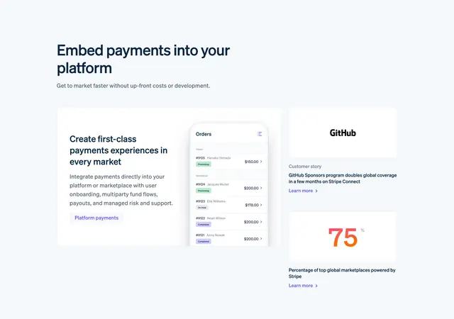 Stripe embed payments feature grid, minimal, corporate-clean, light