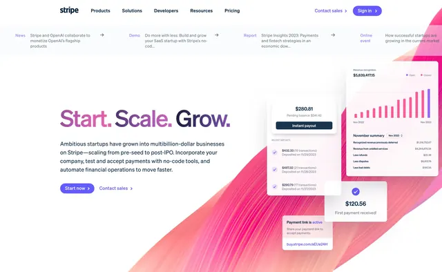 Stripe Start Scale Grow hero, minimal, gradient-heavy, light