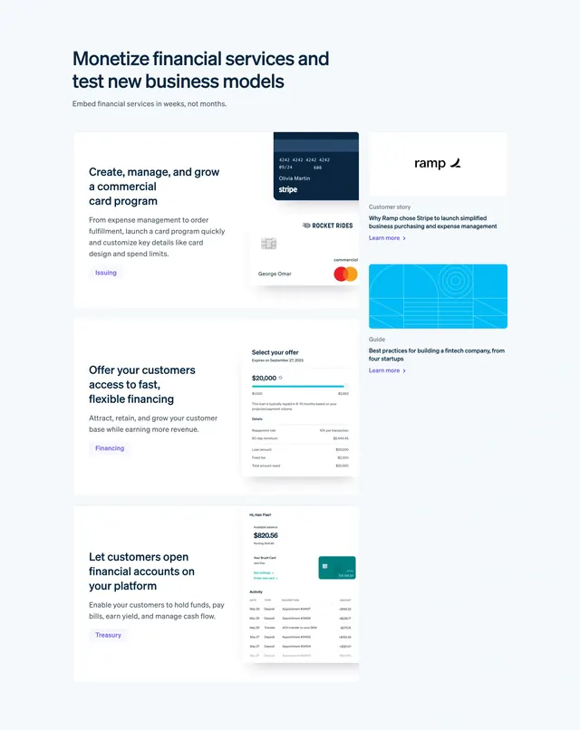 Stripe financial services feature stack, minimal, corporate-clean, light