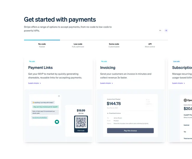 Stripe payments integration tabs carousel, minimal, corporate-clean, light