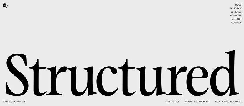 Structured typography-first footer page, editorial, minimal, light