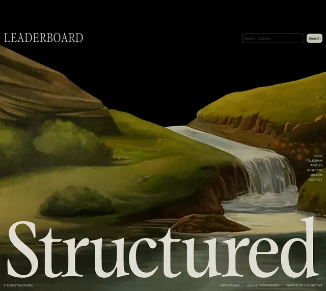 Structured main site full-bleed hero, dark-mode, editorial, dark