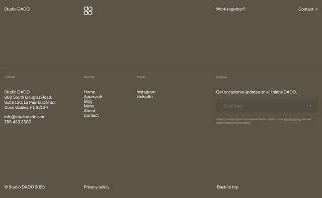 Studio DADO company footer, minimal, corporate-clean, dark