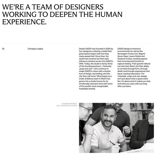 Studio DADO company origins about, minimal, editorial, light