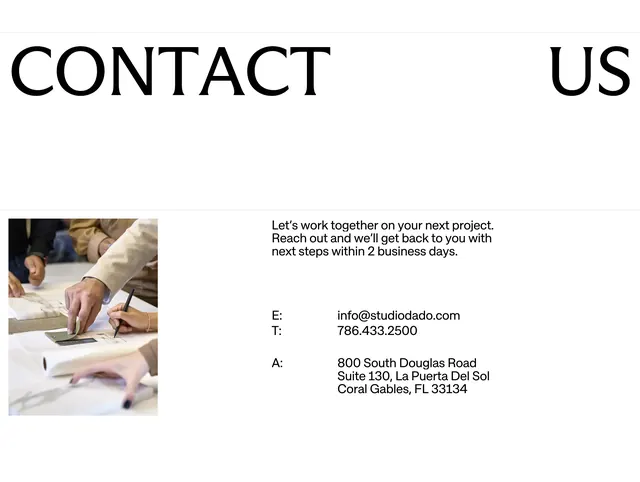 Studio DADO contact information section, minimal, editorial, light