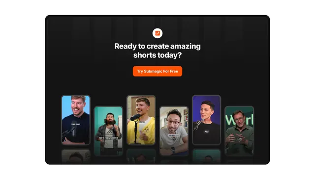 Submagic dark CTA with fan of short-form video thumbnails, dark-mode, boxed, dark