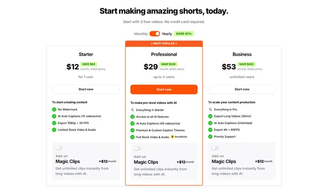 Submagic Pricing Section, light-mode, minimal, light