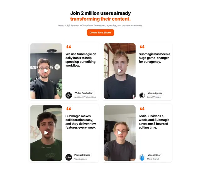 Submagic Testimonials Section, light-mode, minimal, light