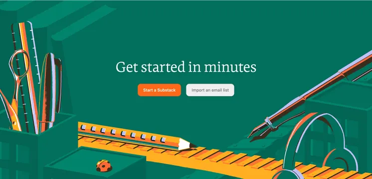 Substack Get started CTA section, illustrated, editorial, dark