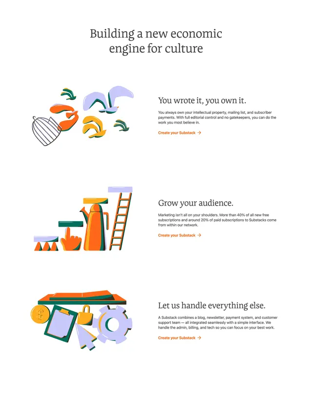 Substack economic engine benefits, minimal, illustrated, light