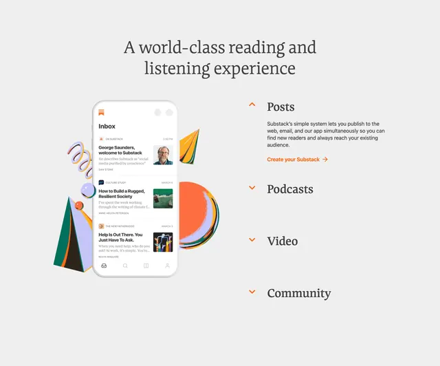 Substack reading experience features, editorial, minimal, light