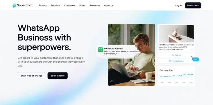 Superchat WhatsApp Business hero, minimal, corporate-clean, light