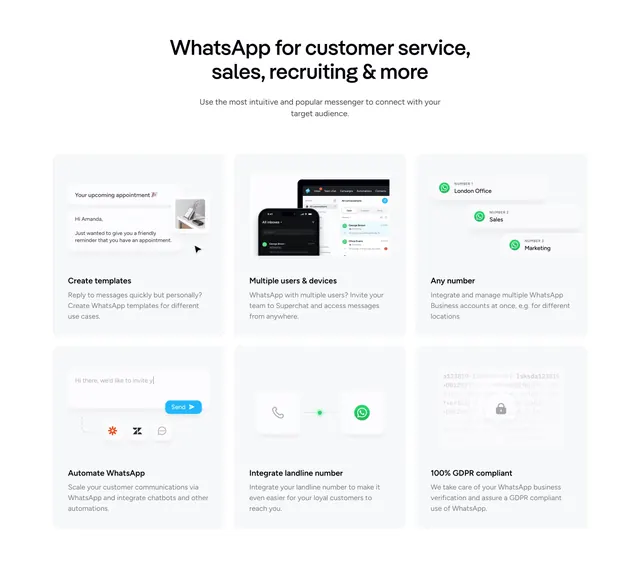 Superchat WhatsApp feature grid, minimal, corporate-clean, light