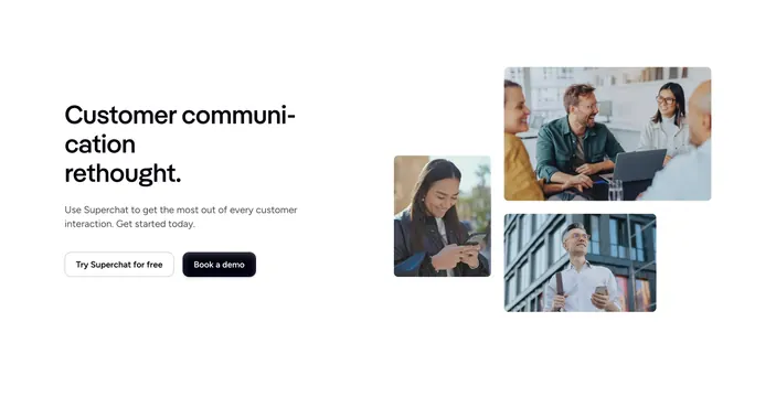 Superchat home CTA hero, minimal, corporate-clean, light