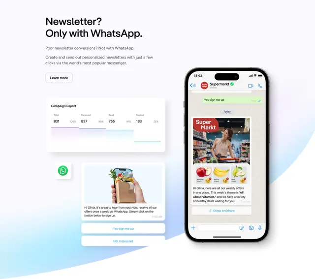 Superchat WhatsApp newsletter feature, minimal, corporate-clean, light