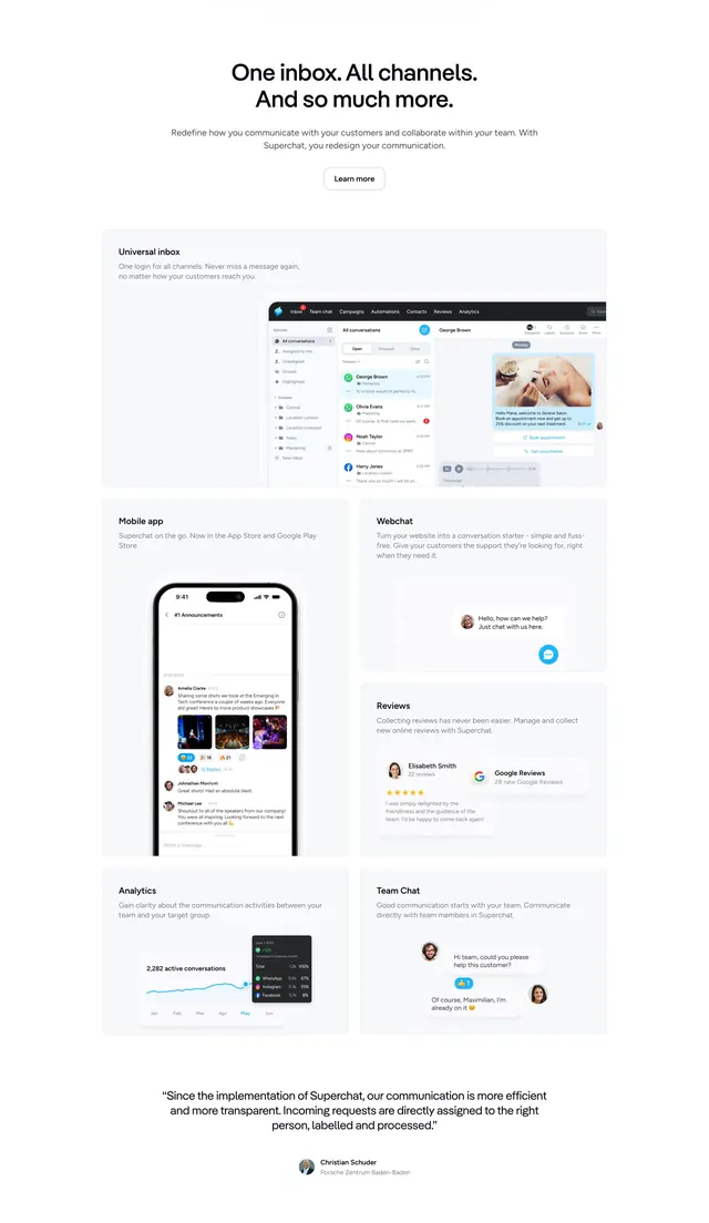 Superchat one inbox feature grid, minimal, corporate-clean, light