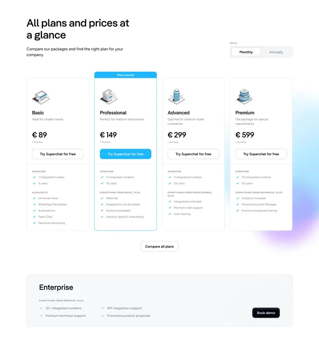 Superchat pricing table, minimal, corporate-clean, light