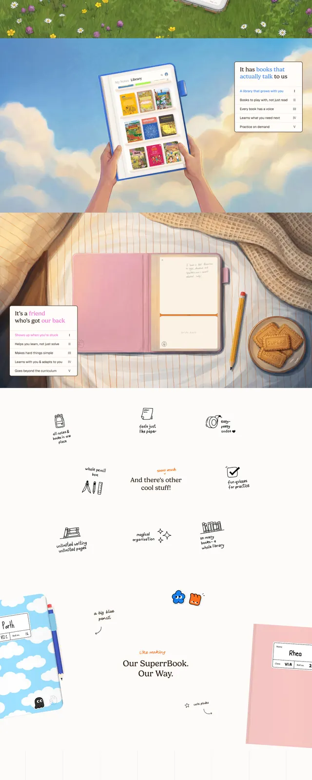 SuperrBook Landing Page, playful, organic, light