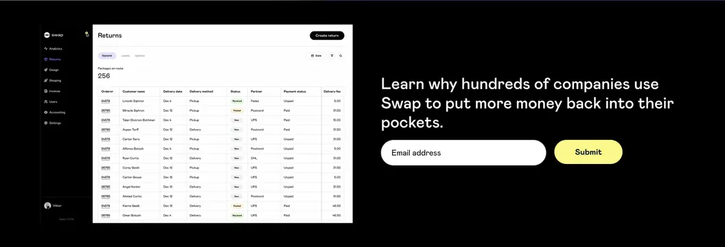 Swap Commerce dashboard CTA, minimal, dark-mode, dark
