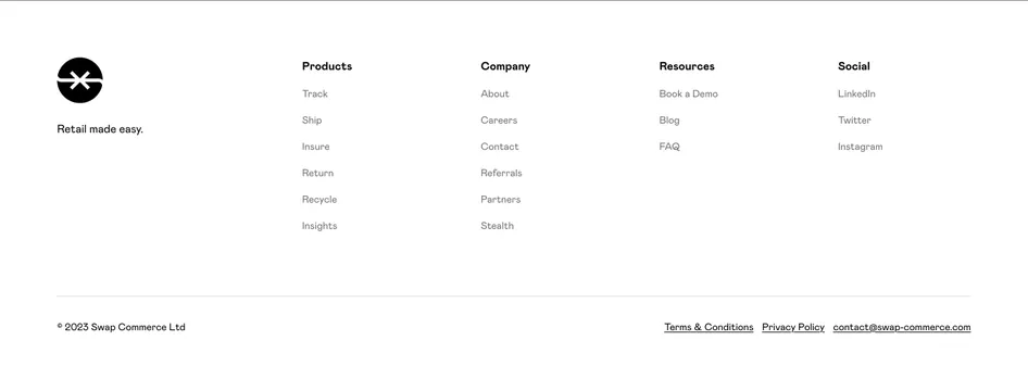 Swap Commerce footer, minimal, monochrome, light