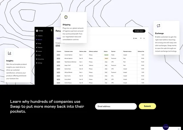 Swap dashboard showcase with CTA footer, minimal, technical, light