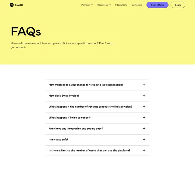 Swap bright yellow FAQ hero, minimal, light-mode, light