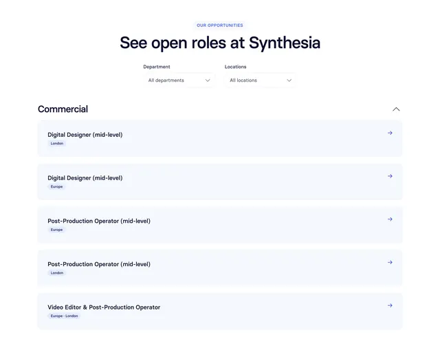 Synthesia Careers Section, light-mode, minimal, light