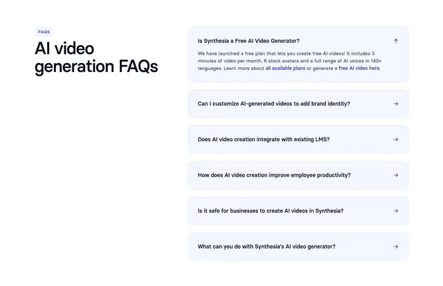 Synthesia FAQs Section, light-mode, minimal, light
