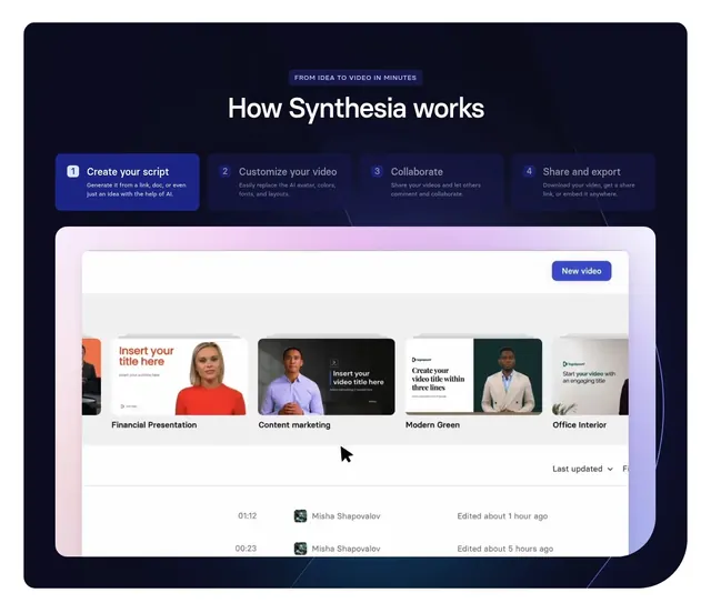 Synthesia How It Works Section, dark-mode, minimal, dark