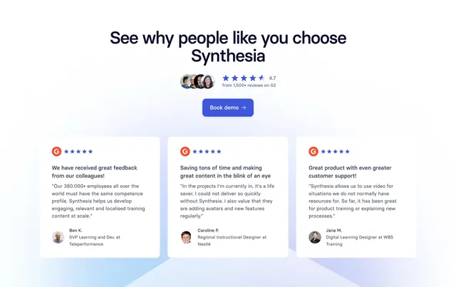 Synthesia Testimonials Section (G2 cards), light-mode, minimal, light