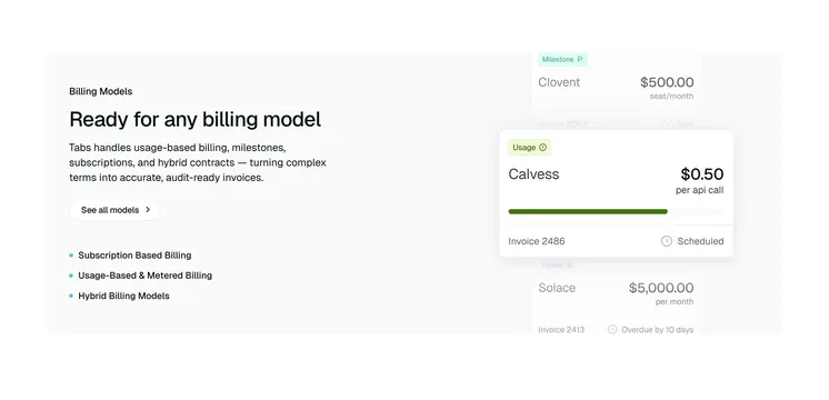Tabs billing models feature split, minimal, corporate-clean, light