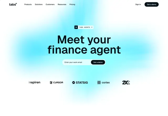 Tabs finance agent centered hero, minimal, gradient-heavy, light