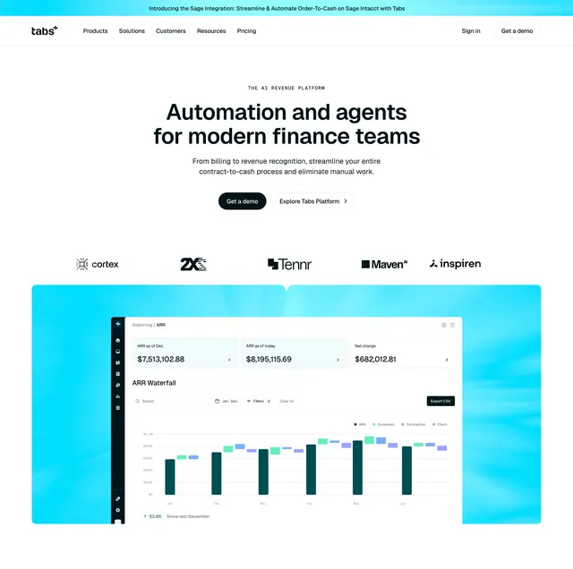 Tabs AI revenue platform hero, minimal, corporate-clean, light