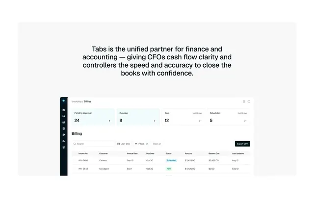 Tabs unified finance billing dashboard, minimal, corporate-clean, light