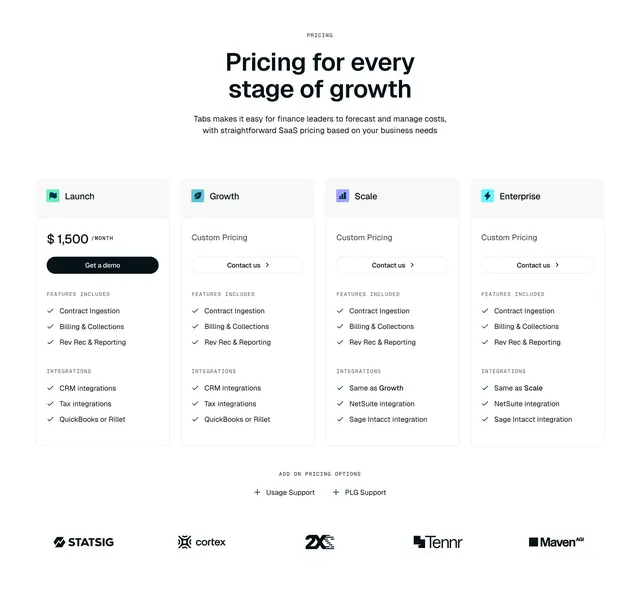 Tabs four-tier growth pricing grid, minimal, corporate-clean, light