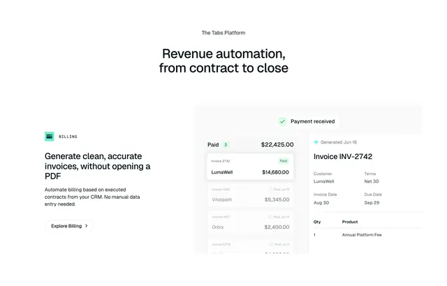 Tabs revenue automation billing feature, minimal, corporate-clean, light
