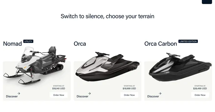 Taiga electric vehicle product trio grid, minimal, light-mode, light