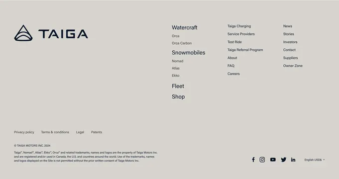 Taiga spacious multi-column footer, minimal, light-mode, light