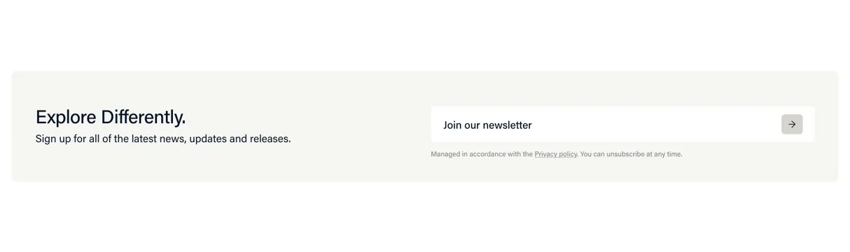 Taiga Explore Differently newsletter block, minimal, swiss, light