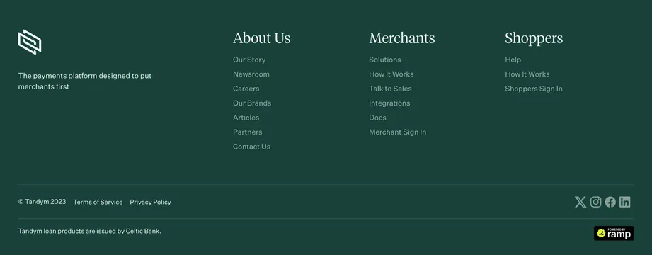 Tandym dark green corporate footer, minimal, editorial, dark
