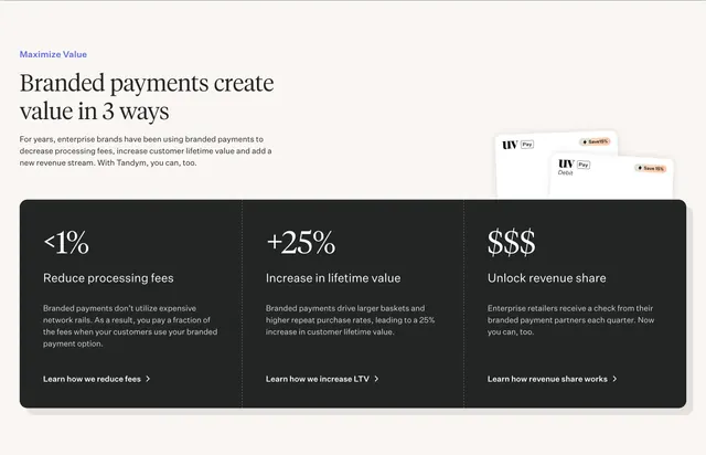 Tandym branded payments three-value block, editorial, minimal, light