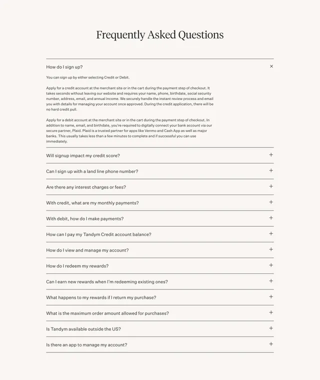 Tandym shoppers FAQ accordion, minimal, editorial, light